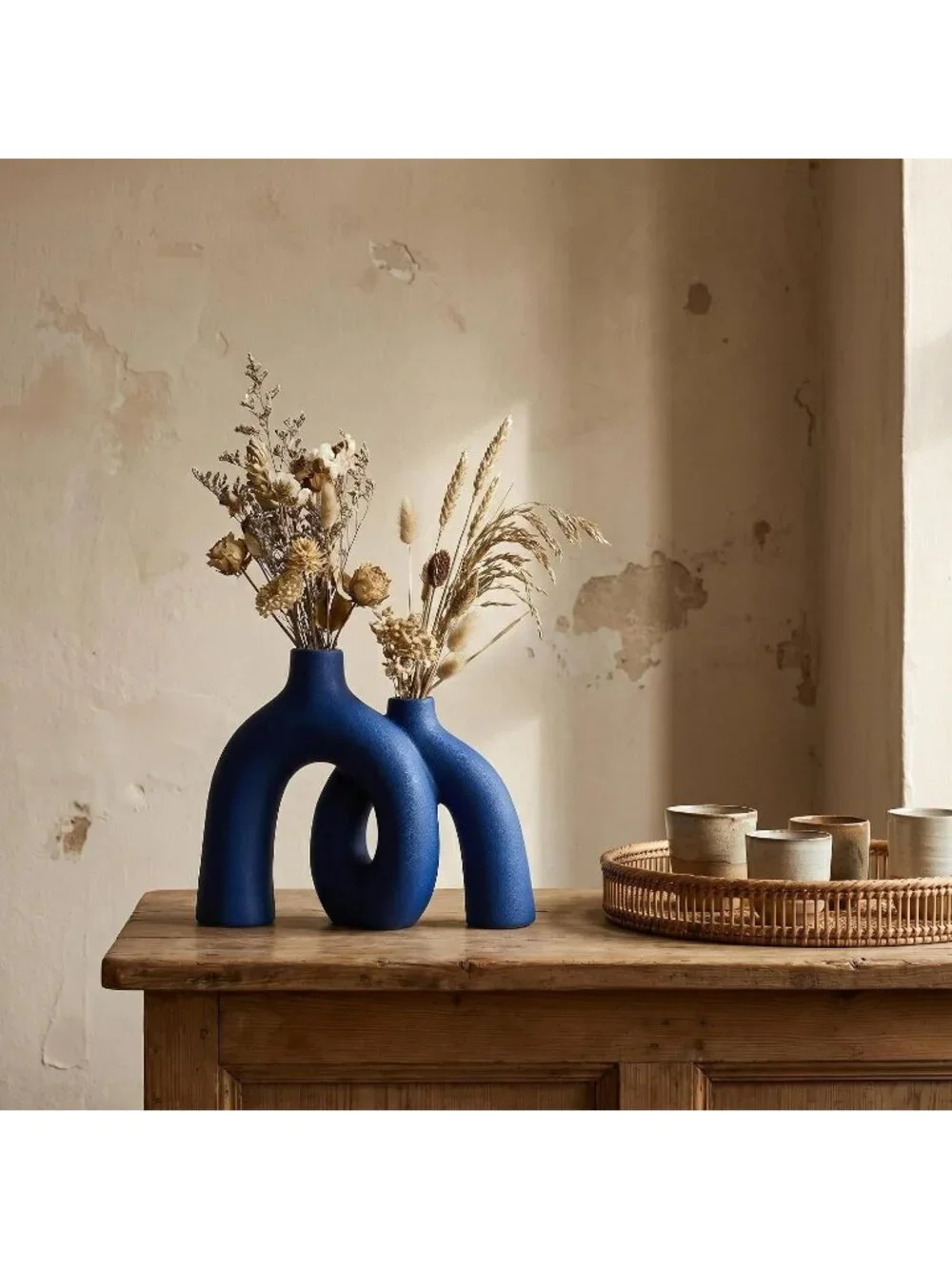 Modern Elegant Blue Matte Ceramic Nordic Boho Vase Set For Living Room Decor